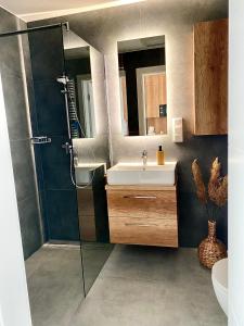 a bathroom with a sink and a shower at Rogowo Prestige Shellter in Rogowo