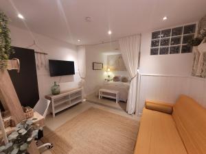 ein Wohnzimmer mit einem Sofa und einem TV in der Unterkunft "COZY LOFT", TERRACE, PARKING and SWIMMING POOL in Málaga