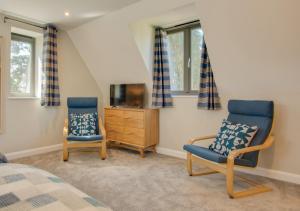 two chairs and a television in a bedroom at Peaty Cottage in Panxworth