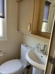 a small bathroom with a toilet and a sink at 6 berth pet friendly caravan on Sandy Glade (John Fowlers) Brean in Berrow