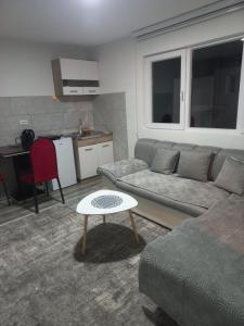 uma sala de estar com um sofá e uma mesa em Adagio Studio Apartment em Plav