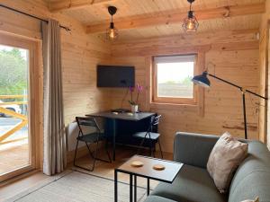 a living room with a couch and a desk at Cabin 438 - Clifden in Clifden