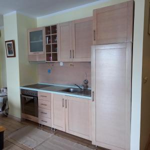 a kitchen with wooden cabinets and a sink at Ksenija apartman uz more in Krasici