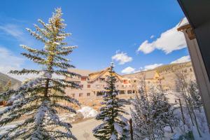a resort with snow covered trees in front of a building at Dakota Lodge 8481 in Keystone