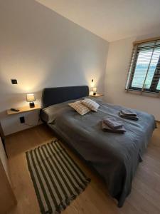 een slaapkamer met een groot bed met 2 lampen en een tapijt bij Apartament w Dolinie Sanu 2 in Lesko