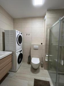 a bathroom with a toilet and a washing machine at Apartament w Dolinie Sanu 2 in Lesko