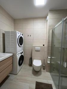 a bathroom with a toilet and a washing machine at Apartament w Dolinie Sanu 2 in Lesko +14 photos