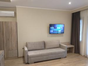 a living room with a couch and a tv on the wall at Menta in Litochoro