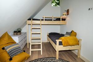 a bedroom with a bunk bed and a ladder at Luxe Vakantiehuis Zeeland in Wilhelminadorp