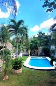 - une piscine dans une cour avec des palmiers dans l'établissement GREEN PARADISE LEONA VICARIO, à Leona Vicario
