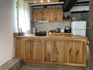 cocina con armarios de madera y nevera blanca en Къща за гости НОВЕ en Terziysko