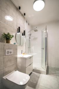 uma casa de banho com um WC, um chuveiro e um lavatório. em Aquarius Residence Apartament 104 em Boszkowo