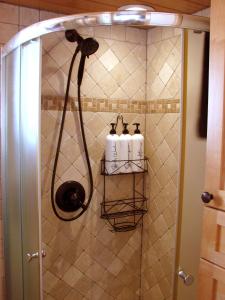 a shower in a bathroom with two toilets in it at Prairie Rose Cottage in Fort Macleod