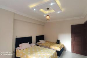 1 Schlafzimmer mit 2 Betten und einer Decke in der Unterkunft شقة للإيجار المفروش المدد القصير بكمبوند سما القاهرة. in Kairo
