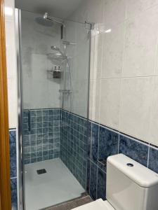 y baño con ducha de cristal y aseo. en BierzINN apartamento, en Ponferrada