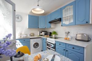 a blue kitchen with a washing machine and a washer at Orchard Cottage in Sidmouth