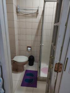 a small bathroom with a toilet and a shower at Apartamento Copacabana vista lateral mar in Rio de Janeiro