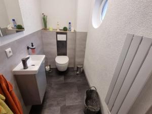 a small bathroom with a toilet and a sink at Ferienhaus Pusteblume in Lübben +10 photos