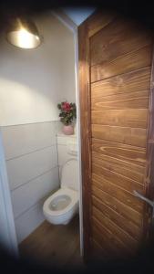 a bathroom with a toilet and a wooden door at Appartement Valmeinier 6pers in Valmeinier