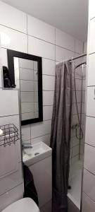 a bathroom with a toilet and a sink and a shower at Black Sails z Parkingiem in Kołobrzeg
