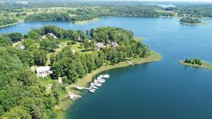 an aerial view of an island in a lake at Slėnis Trakuose in Trakai