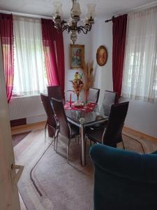a dining room with a glass table and chairs at Dusica in Vrnjačka Banja