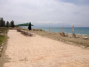a beach with chairs and umbrellas and the ocean at Villa Anastasia Sandy Beach Villas - Heated Private Overflow Pool - Hot Tub - Games Room - Private Beach Area in Polis Chrysochous