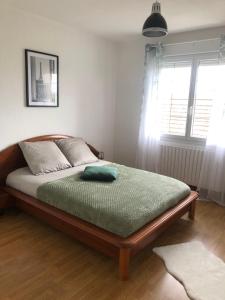 Un dormitorio con una cama con una manta verde. en Les Pichies, Villa Antonio, piscine & spa, en Digoin