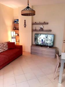 een woonkamer met een tv met een hond erop bij Mani Apartment in Durrës