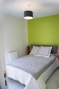 ein Schlafzimmer mit einem Bett mit einer grünen Wand in der Unterkunft Villa vue boisée piscine privée, chauffée et couverte au Château d'Oléron in Grand-Village-Plage
