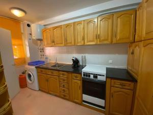 a kitchen with wooden cabinets and a sink and a dishwasher at Precioso apartamento en Benahadux a 9 km Almería in Benahadux