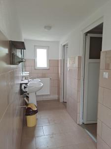 a bathroom with a white sink and pink tiles at Cabanele Areama Neagra in Izvoru Mureşului