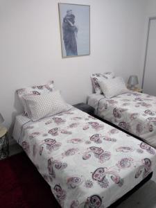 a bedroom with two beds and a picture on the wall at Apartamento da Antónia in Viseu