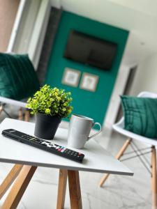 a remote control sitting on a coffee table with a plant at Moderno apartamento con vista a las montañas in Manizales