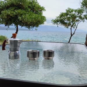 dois potes de chá sentados numa mesa perto da água em Maresol Lefkada em Nikiana