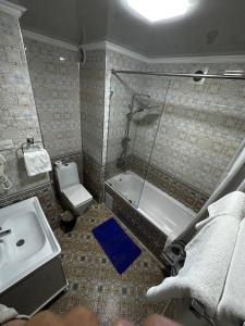 a bathroom with a shower and a sink and a toilet at SHAHRISTAN Plaza in Bukhara