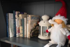 a shelf with books and a santa claus doll on it at Cardak u Sumi (Forest house) in Kopaonik