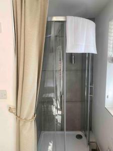 a shower with a glass door in a bathroom at The Garden room in Honiton