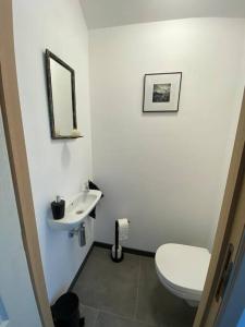 a bathroom with a white toilet and a sink at Le Pré sous l'eau - NATURA in Anhée