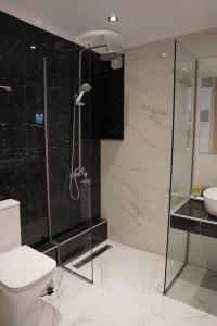 y baño con ducha, aseo y lavamanos. en Διαμέρισμα σε πολυκατοικία en Serres