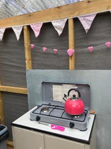 a red tea kettle sitting on top of a stove at Cefn Crib Glamping in Machynlleth