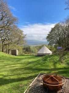 um campo com uma tenda e uma tigela na relva em Cefn Crib Glamping em Machynlleth
