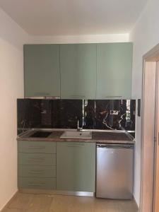 a kitchen with green cabinets and a sink at Ntina's Room in Nea Potidaea