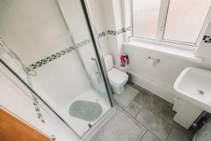 a bathroom with a shower and a toilet and a sink at Luxury Central Luton - King-size Apartment - Free Parking - Free Wi-Fi - Near Shops & LTN Airport in Luton