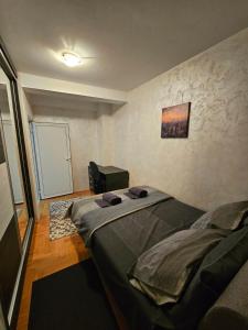 a bedroom with a bed and a chair in it at Duca apartmani in Šabac