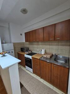 a kitchen with wooden cabinets and a sink and a stove at Duca apartmani in Šabac
