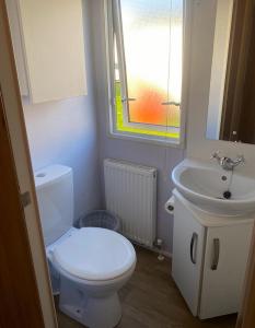 a bathroom with a white toilet and a sink at Beach Caravan Holiday Home in Mablethorpe