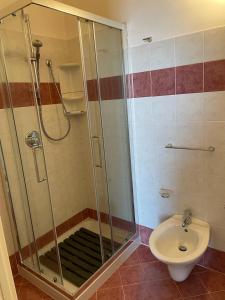 a bathroom with a shower and a toilet and a sink at La baita di Niki in Tonezza del Cimone +15 photos