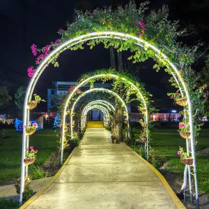 an archway with flowers in a park at night at Apart Hotel El Paraíso de Barranca in Barranca