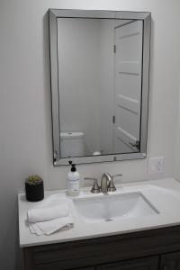 een wastafel in de badkamer met een grote spiegel erboven bij Gibsōn in Piopolis